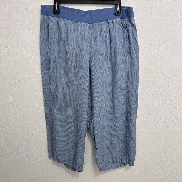 J Jill Love Linen Cropped Wide Leg Striped Pockets Blue Pants Lagenlook Size L - Picture 1 of 11
